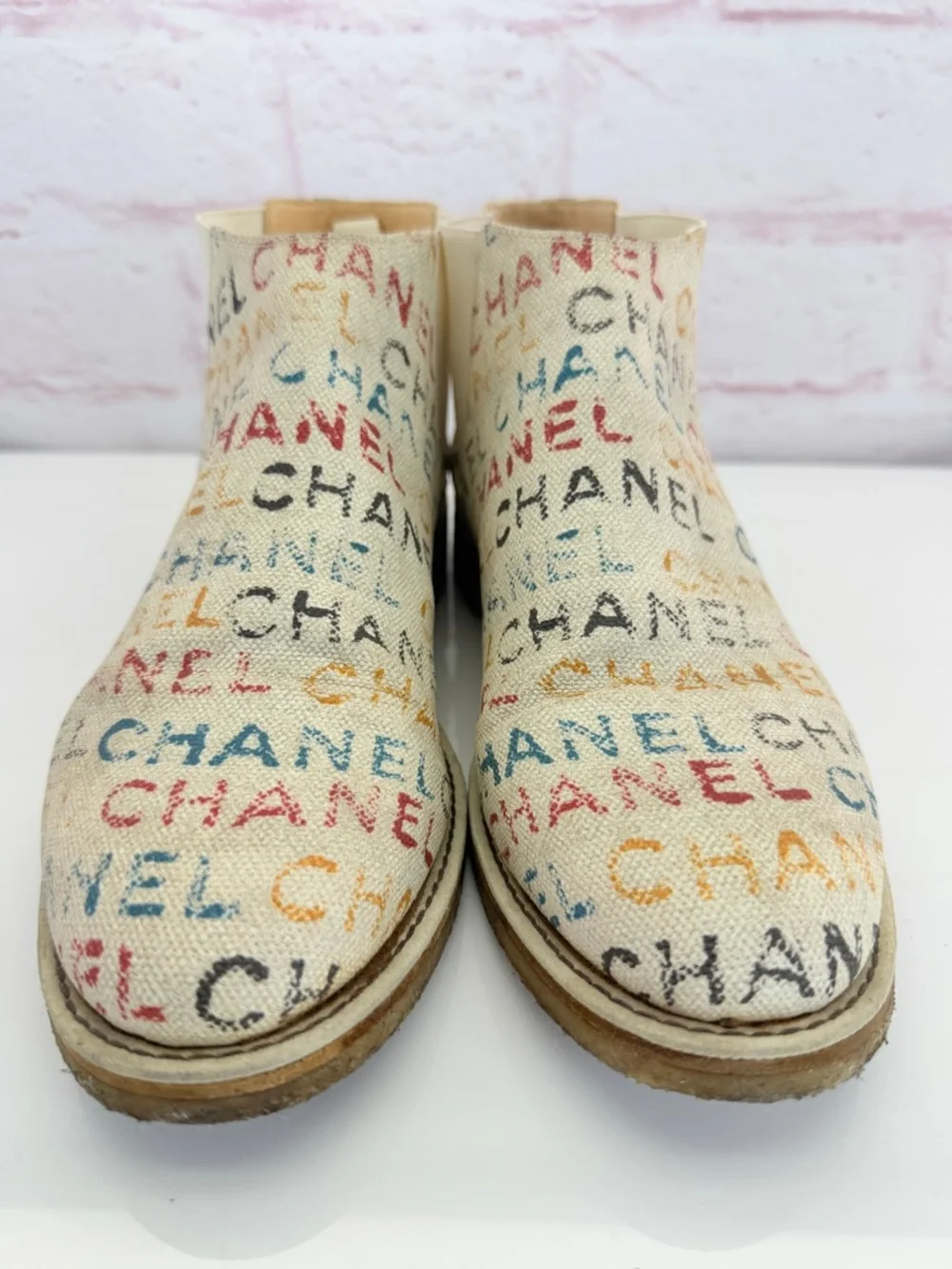 Chanel Graphic Multicolor Logo Canvas Chelsea Boots 41